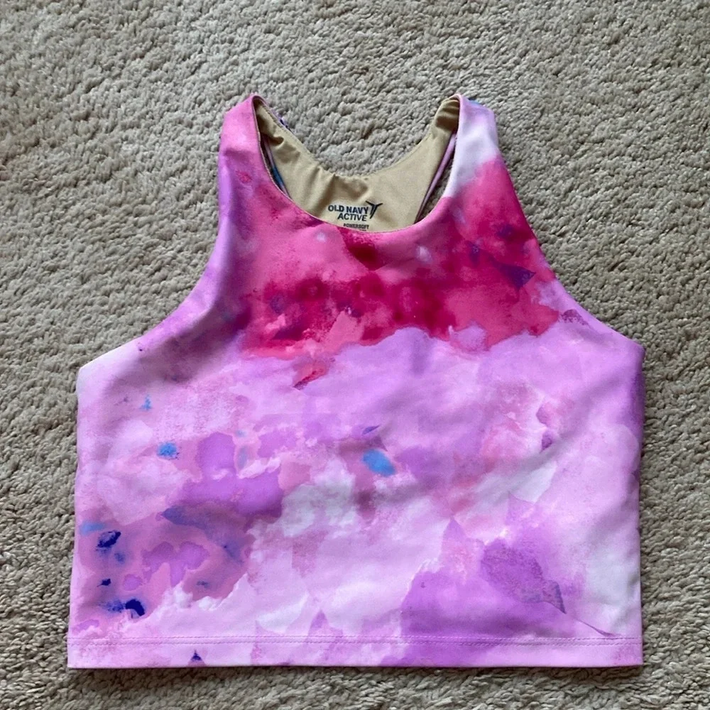 Old Navy Active PowerSoft Pink Tie Dye Long Line Sports Bra Crop Top Cropped Top